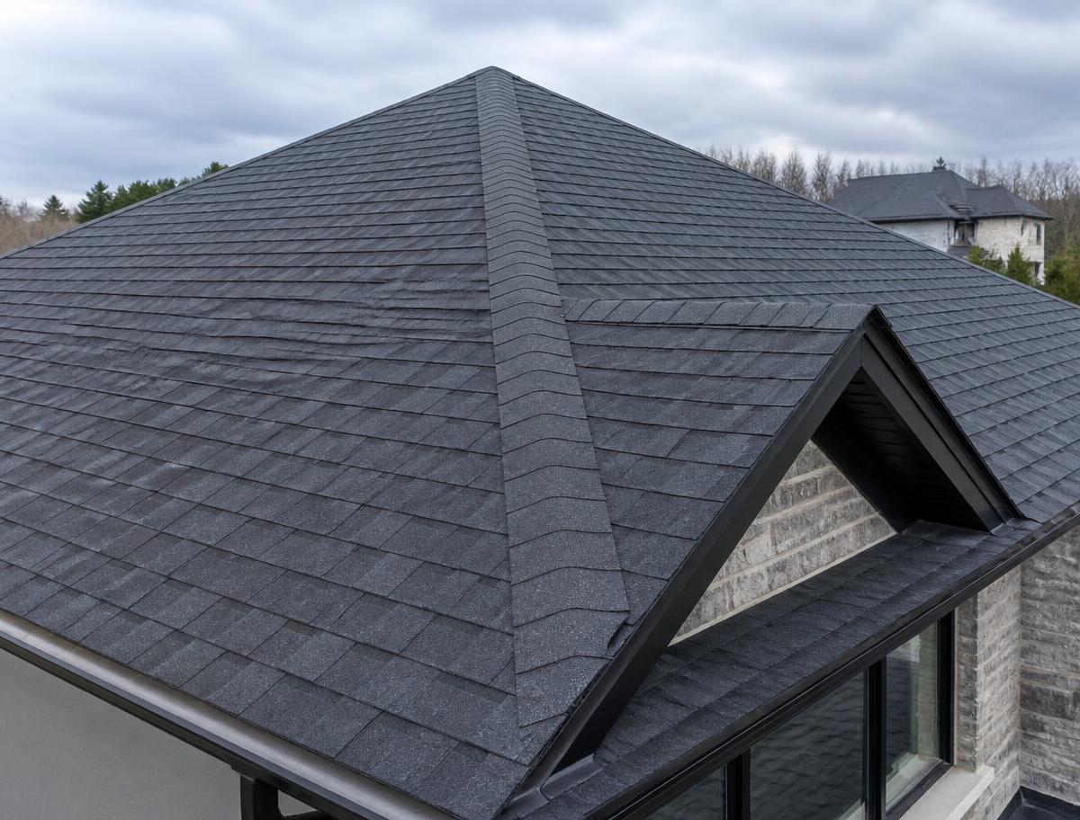 Sample photograph of a roof ridge and peak with charcoal shingles